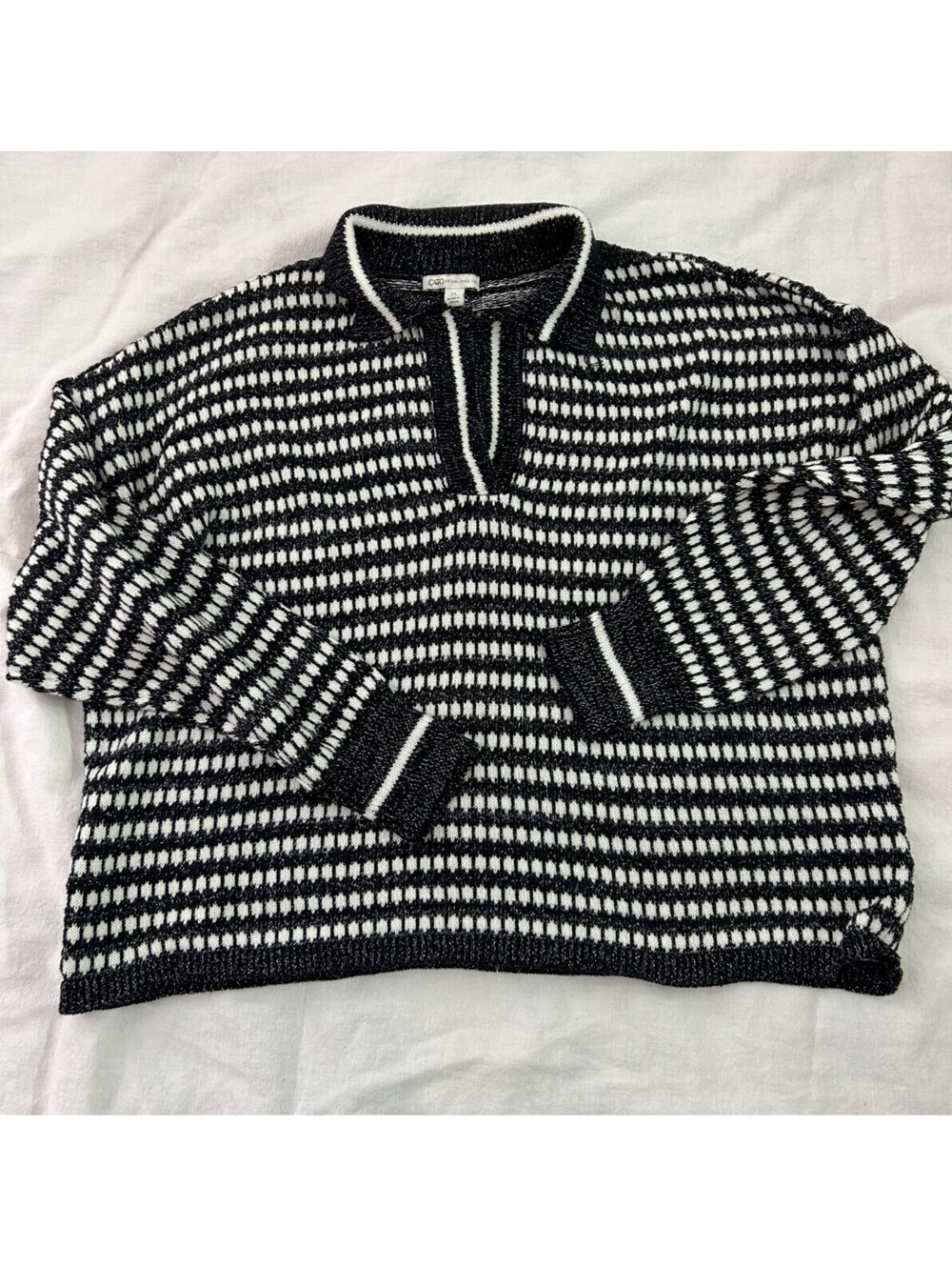 Cato Womens Large Black White Striped Metallic V-Neck Collared Sweater Pullover